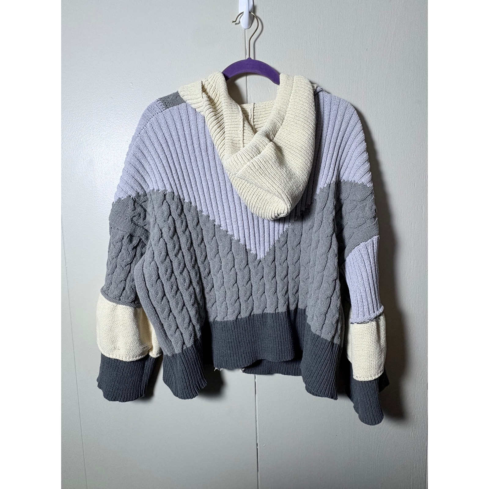 Caylo Patchwork Colorblock Hooded Cardigan Sweater Grey Lavender M Oversized Coz — image 6 of 6
